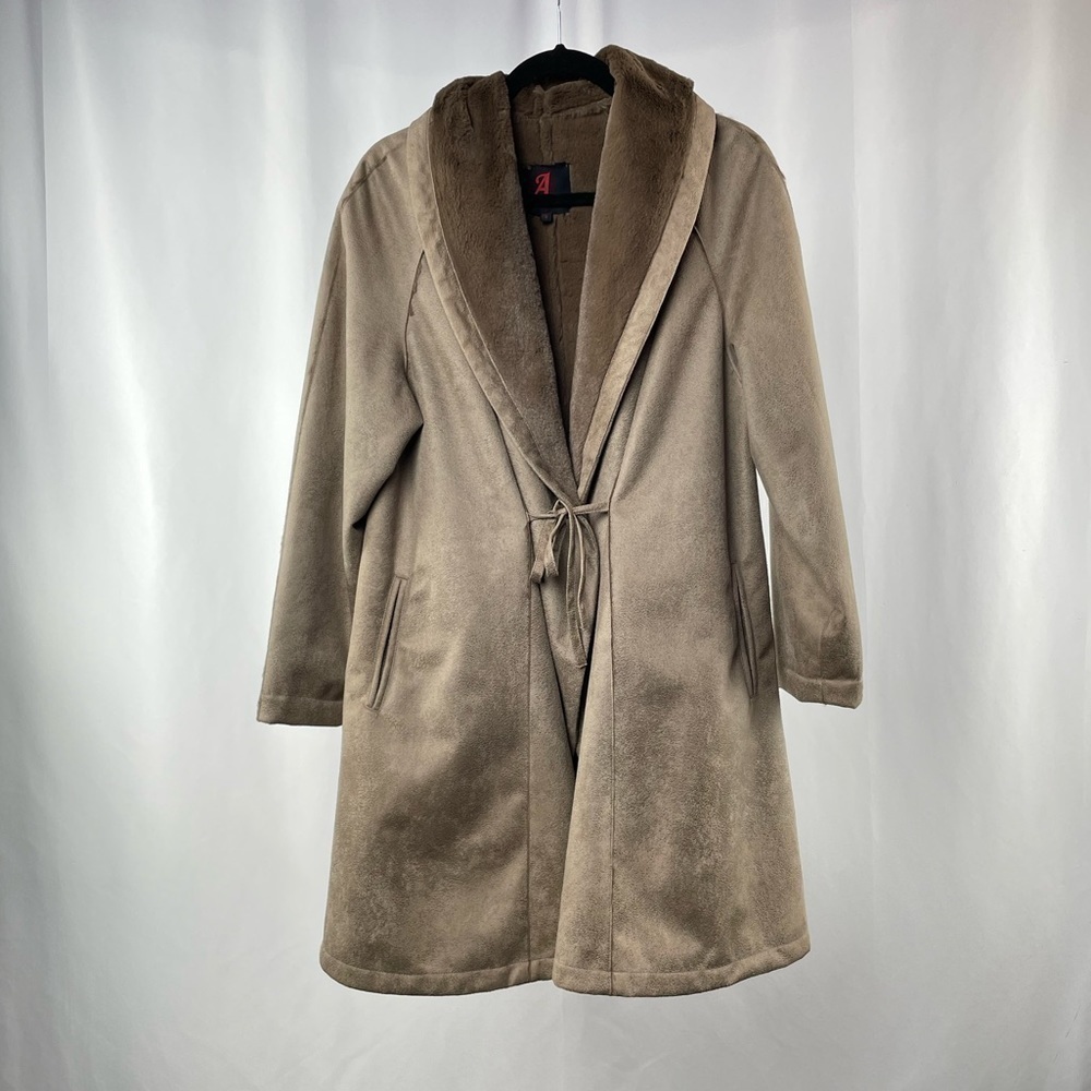 Adrienne Landau Vegan Suede & Fur Tie Closure Swing‎ Coat in Brown Size Medium